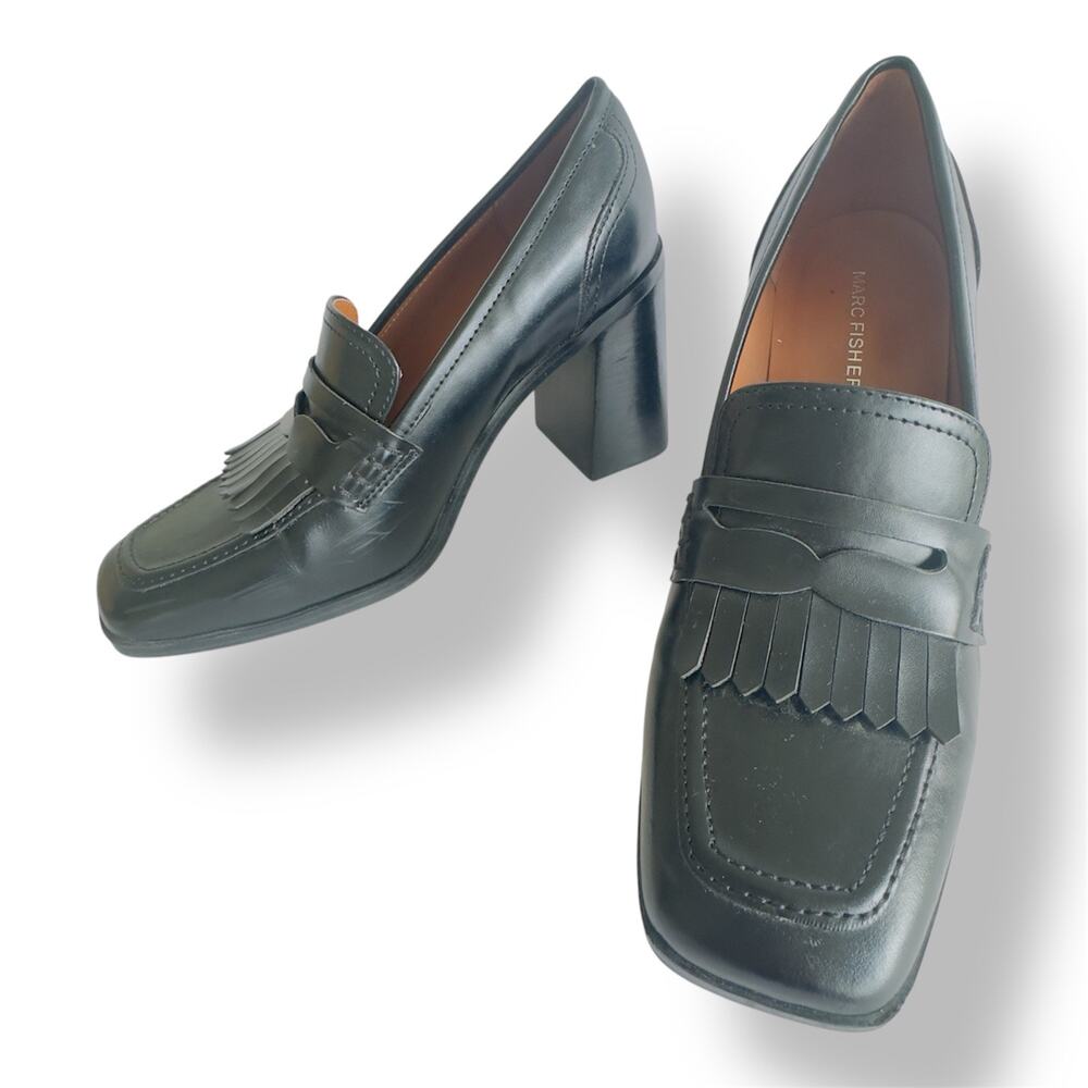 Marc Fisher Hamish Black Loafer Vegan Leather Block Heel Square Toe Kiltie 8